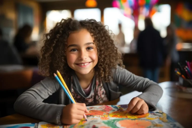 Niña sonriente dibujando en una mesa, utilizando lápices de colores, representando el desarrollo emocional a través de actividades artísticas.