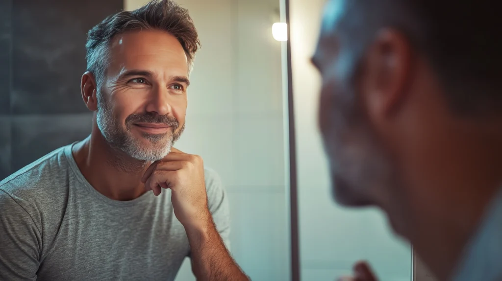 Hombre sonriente frente al espejo reflexionando sobre su apariencia y autoestima en la mañana