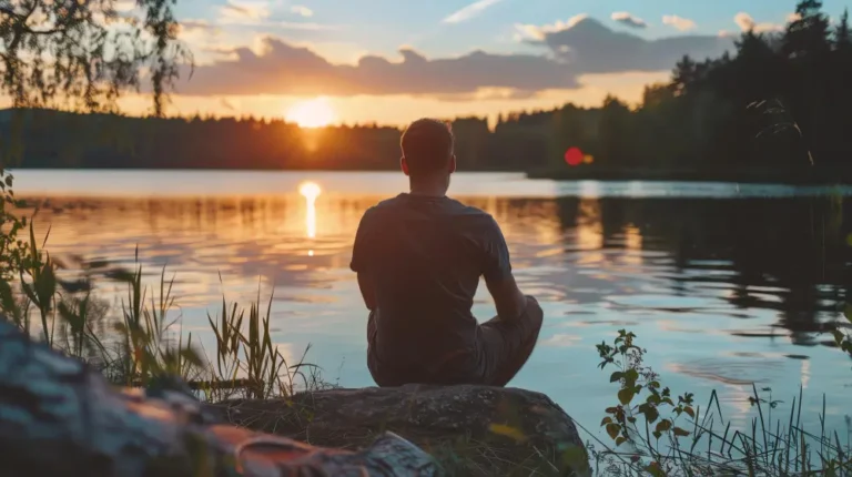 Hombre sentado frente a un lago al atardecer, practicando técnicas de meditación y respiración profunda para controlar una crisis de ansiedad en un entorno tranquilo y natural.